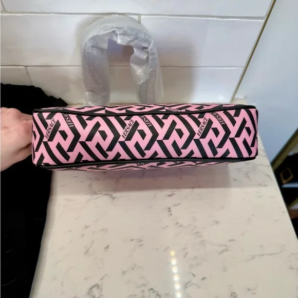 Versace La Greca Signature Shoulder Bag Pink Black Canvas Gold Metal Authentic - Picture 8 of 11